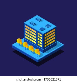 The night smart city 3D future neon ultraviolet set of urban infrastructure isometric buildings. Conceptual residential town illustration of vector design graphics.