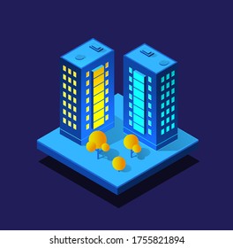 The night smart city 3D future neon ultraviolet set of urban infrastructure isometric buildings. Conceptual residential town illustration of vector design graphics.