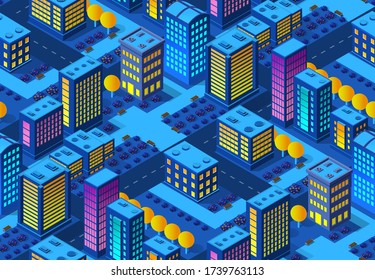 The night smart city seamless background pattern 3D future neon ultraviolet set of urban infrastructure isometric buildings. Conceptual residential town illustration of vector design graphics.
