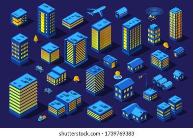 Das Nachtsmart Design Kit Stadt 3D Zukunft neon ultraviolett Satz von städtischen Infrastruktur isometrische Gebäude. Konzeptuelle Wohnsiedlung zur Darstellung von Vektorgrafiken.