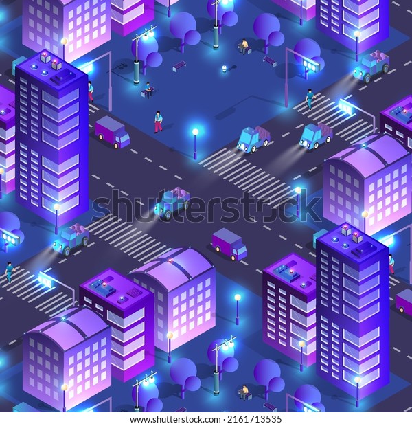 Night smart\
isometric city with houses, streets, cars and trees. 3D\
illustration for design and\
business.