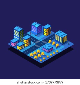 The night smart module block district city 3D future neon ultraviolet set of urban infrastructure isometric buildings. Conceptual residential town illustration of vector design graphics.