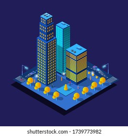 The night smart module block district city 3D future neon ultraviolet set of urban infrastructure isometric buildings. Conceptual residential town illustration of vector design graphics.