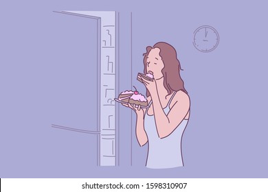 Night snack, unhealthy habit, hunger, esurience concept. Late meal, need for sweets, appetite, pie eating, girl in dark near refrigerator, woman biting off cake at night. Simple flat vector