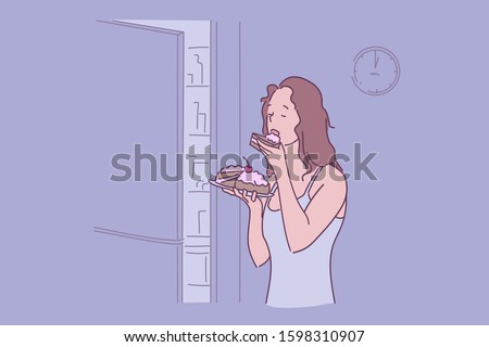 Night snack, unhealthy habit, hunger, esurience concept. Late meal, need for sweets, appetite, pie eating, girl in dark near refrigerator, woman biting off cake at night. Simple flat vector