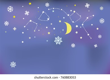 Night snow banner with stars and moon. Background for the Chrismas card or cover