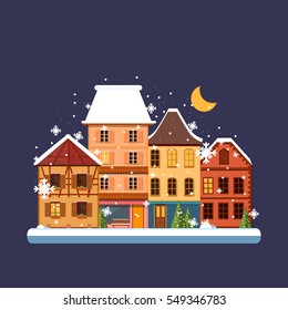 night snow city during a snowfall, vector illustration