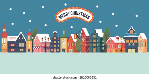 Night snow covered town. Christmas card with. Vector greeting christmas card.
