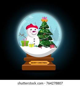 Night snow globe and Christmas  tree  with balls and Gifts box