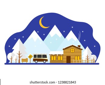 Night Snow Winter Villa Cottage Lodge Travel Car Concept Wallpaper Banner Flat Icon Illustration Vector