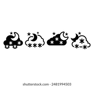 night snowfall cloud weather moon icons symbol vector design simple black white color flat illustration collection set