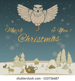 Night snowfall on Christmas owl wings, illustration