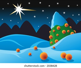 Night snowscape with tree and yellow balls in the foreground.