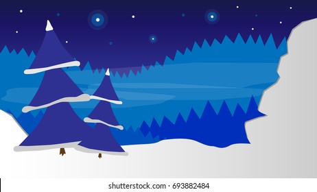 night snowy landscape - forest with stars and trees vector background