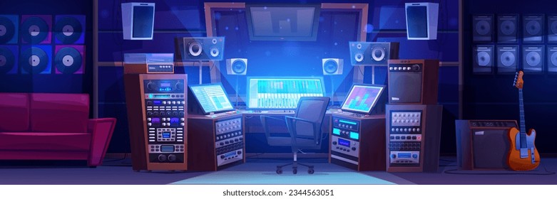 Night sound studio room for music record cartoon vector. Radio production equipment with mixer, microphone and guitar. Empty broadcast workstation with professional tools and sofa game scene design