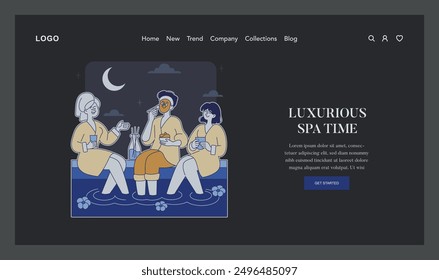 Night spa wellness concept. Three friends enjoy a peaceful hot tub session under the moonlight, reflecting relaxation and self-care. Vector illustration.