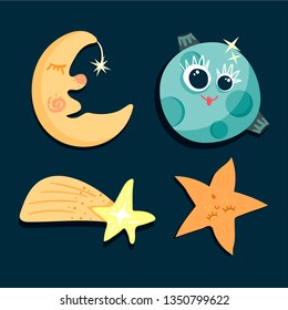 Night space. The funny comet, the funny moon, the funny star. The cartoon childish illustration. The vector illustration  of cute space objects