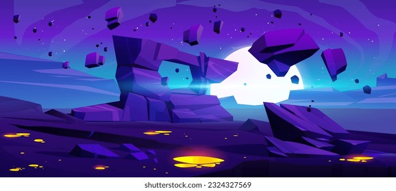 Night space planet desert with moon cartoon landscape background. Blue fantasy vector game illustration with moonlight, floating stone particle and extraterrestrial puddle on ground videogame scene.