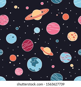 Night space seamless pattern with planets and hand drawn elements. Color doodle childish texture. Great for fabric, textile. Vector Illustration