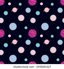 Night space seamless pattern. Planets on a black background. Vector seamless pattern.
