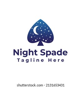 night spade logo. spade or ace in night illustration with a crescent moon and stars logo design