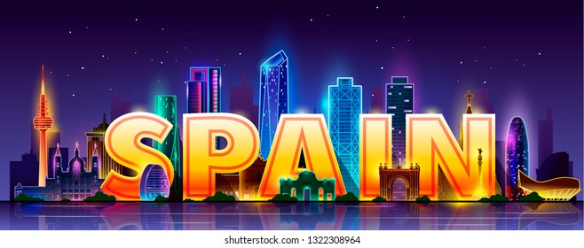 Night Spain skyline with letters. Vector illustration.