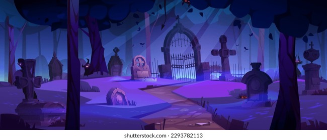 Night spooky halloween graveyard cartoon vector background. Scary cemetery with tombstone, grave, tree and moonlight horror landscape. Haunted with glowing eye in forest purple panoramic scene