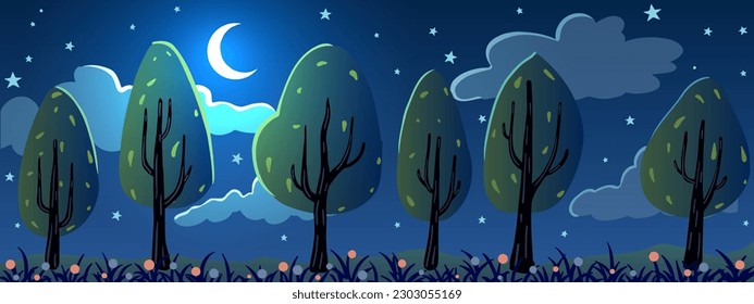 Night spring cartoon landscape background. Clouds, trees on green grass with flowers.