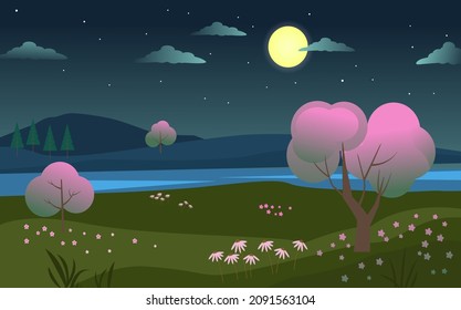Night spring landscape with river and mountains illustration. Dark sky with clouds and moon pink blossoming trees and green meadows blue lake flowing through valley. Cartoon vector background.