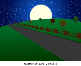 Night spring road. Vector illustration