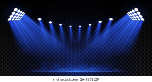 Concerto no estádio noturno com holofote azul e neblina. Campo de futebol com fumaça, neblina e projetores LED. Luzes de palco brilhantes, atmosfera de discoteca e fundo iluminado abstrato. Ilustração vetorial