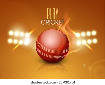 Night stadium lights with red glossy cricket ball in flame for cricket sports concept.