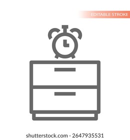 Nachtkastje of nachtkastje met wekker. Home decor meubelzaak, nachtkastjes met een klok lijn vector pictogram.