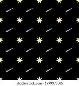 Night star, shooting star Vector Seamless pattern for decorating, wallpaper, wrapping paper, background, handkerchief, fabric pattern, bag pattern, clothes pattern, curtain, bedsheet