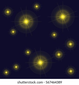 Night star sky. Bright yellow stars with long beams on dark blue background. Vector illustration EPS10