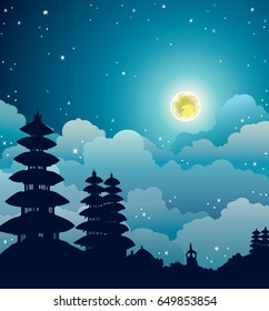 Night starry landscape with silhouette of traditional Bali temples on a cloudy sky with full moon. Vector nature illustration.