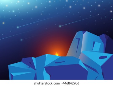 Night starry meteor sky and landscape western mountains with campfire background. Flat style vector design