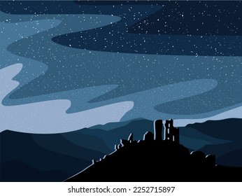 Night starry mountain landscape with a silhouette of the castle ruins.