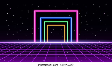 Night starry sky 80s style with neon frame and perspective grid. vector illustration