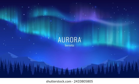 Night starry sky and aurora borealis. Beautiful landscape in the northern regions. Mountain landscape. A bright glow in the dark sky. Vector illustration.