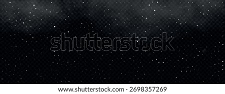 Night starry sky background with light and clouds. Bright glowing stars isolated on transparent backdrop