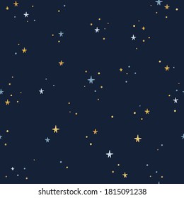 Night starry sky background. Vector seamless pattern with stars on dark backdrop. Golden and blue stars pattern