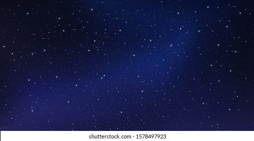 Night starry sky, blue shining space. Abstract dark background with stars, cosmos. Vector illustration for banner, brochure, web site design