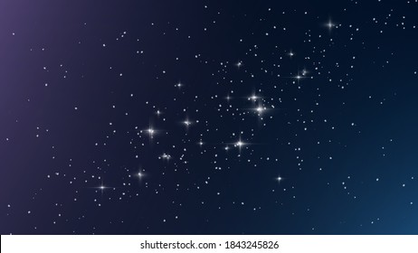 Night starry sky, blue shining space with starlight sparkles twinkling and blinking in universe space. Abstract dark blue background with stars, starry night. Vector illustration