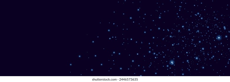 Night starry sky, blue shining glare of light. Abstract dark background.