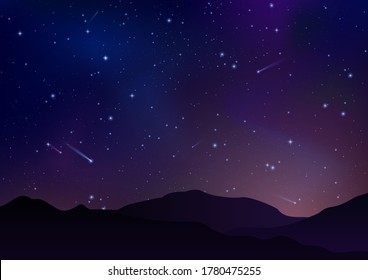 Nachts Sternenhimmel mit hellen Sternen, Planeten, Kometen und Bergen. Milchweg-Galaxie. Horizontale Vektorlandschaft. Star Universe Illustration.Dunkelblauer leuchtender Raum für Webdesign, Banner.