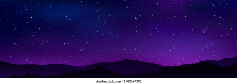 Night starry sky with bright stars, planets, comets and silhouettes mountains. Milky way galaxy. Vector horizontal landscape. Star universe  illustration.Dark blue shining space for web design, banner