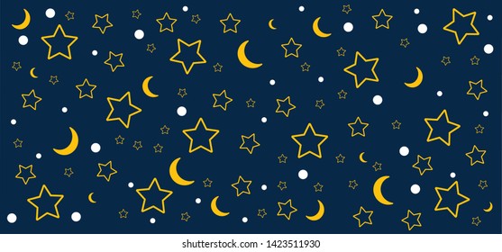 Night starry sky. Cartoon sparkling star, moon.  Twinkling stars sky. Vector  glow background. parkle light. Christmas, xmas celebrate pictogram. Gold, yellow or orange color.