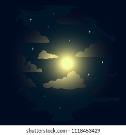 Night starry sky with clouds. Background. Vector illustration.