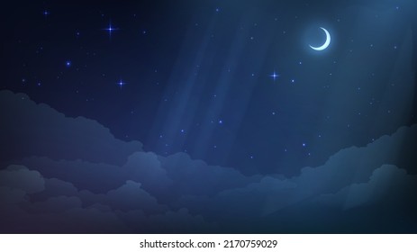 Night starry sky with clouds and crescent moon